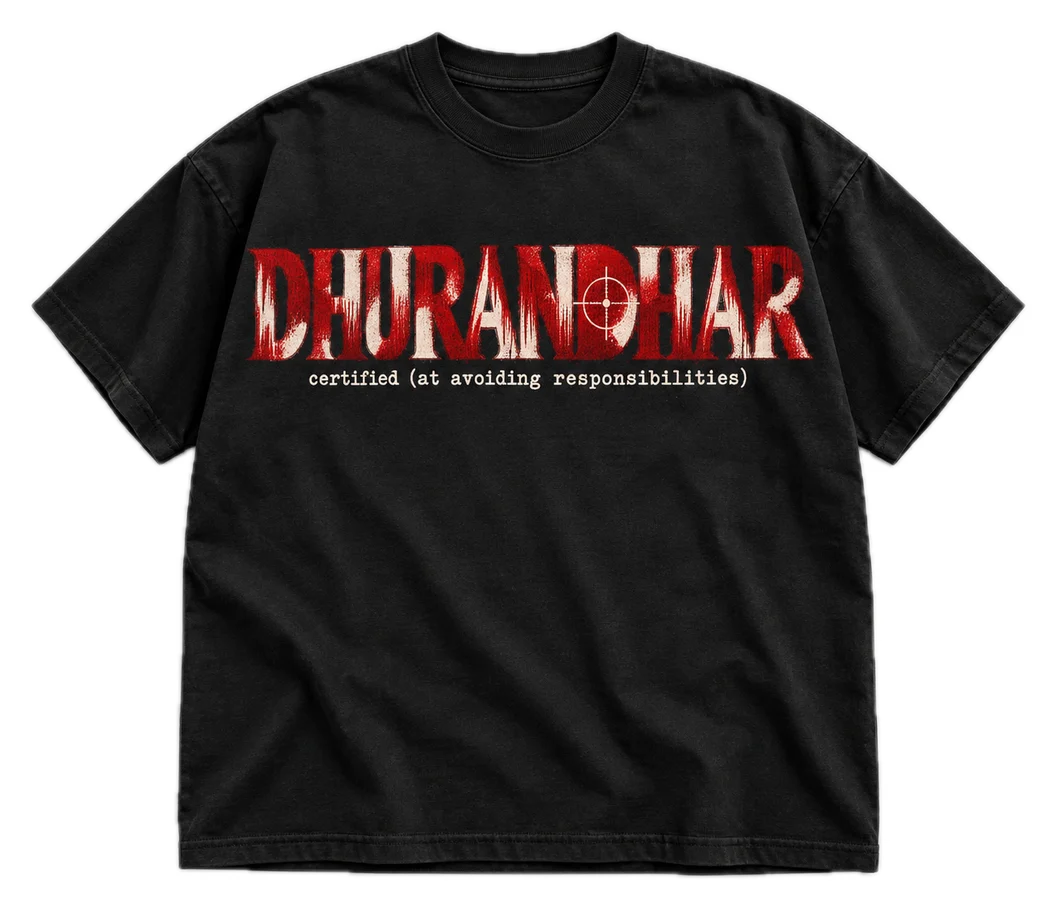 Certified Dhurandhar Oversized tee in Black, front