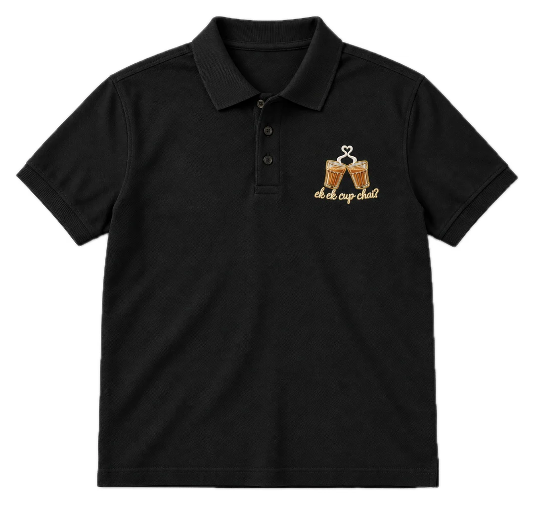 Ek Ek Cup Chai Polo tee in Black, front