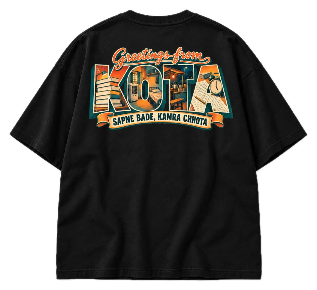 Greetings From Kota Oversized tee in Black, front