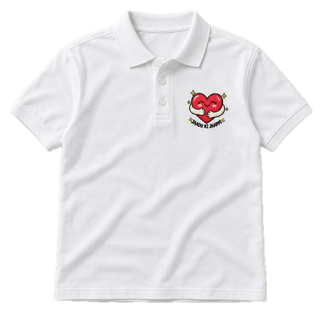 Jaadu Ki Jhappi Polo tee in White, front
