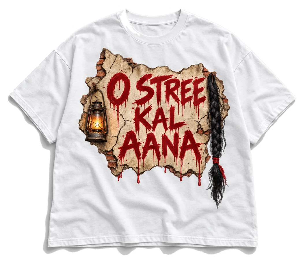 O Stree Kal Aana Oversized tee in White, front