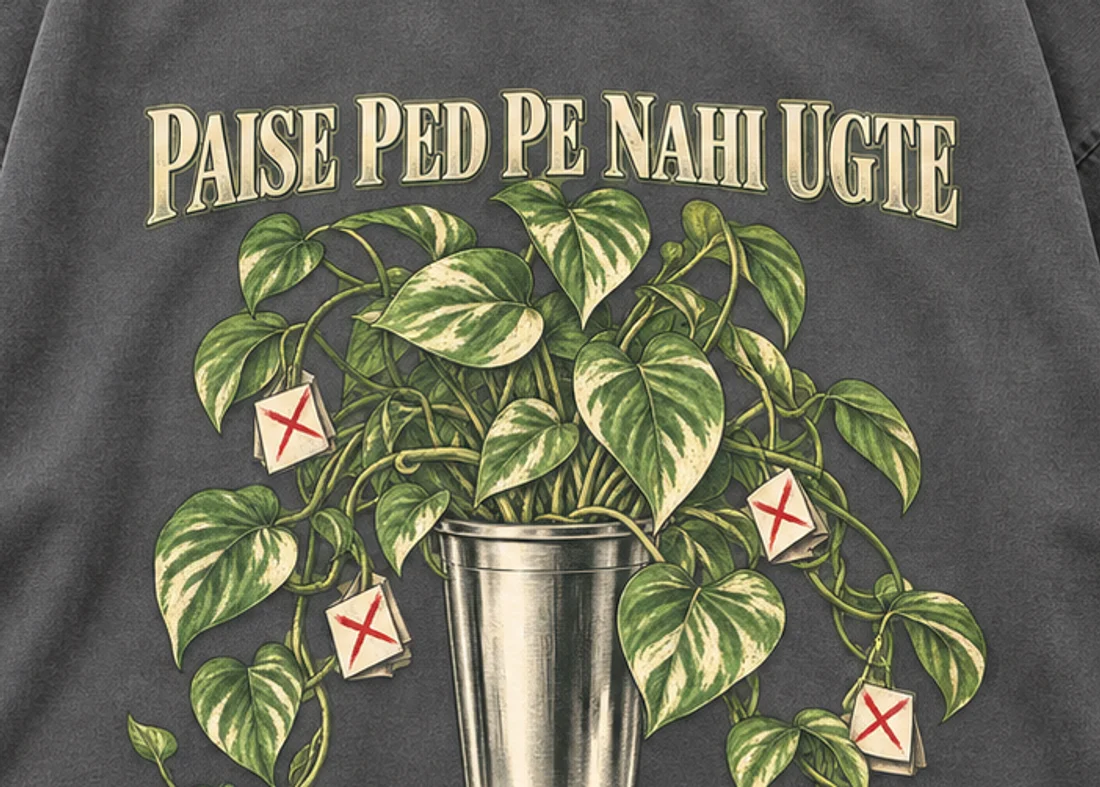 Close-up of the Paise Ped Pe Nahi Ugte print