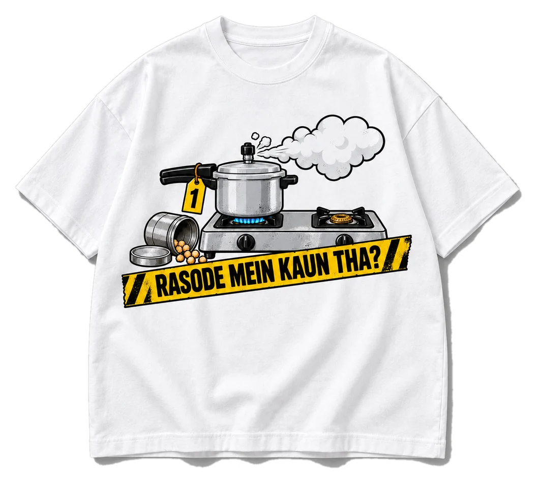 Rasode Mein Kaun Tha Oversized tee in White, front