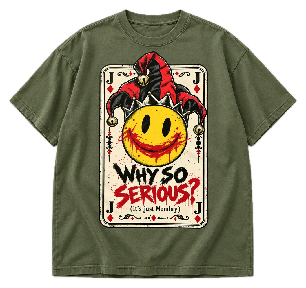 Why So Serious? Oversized tee in Avocado Green, front